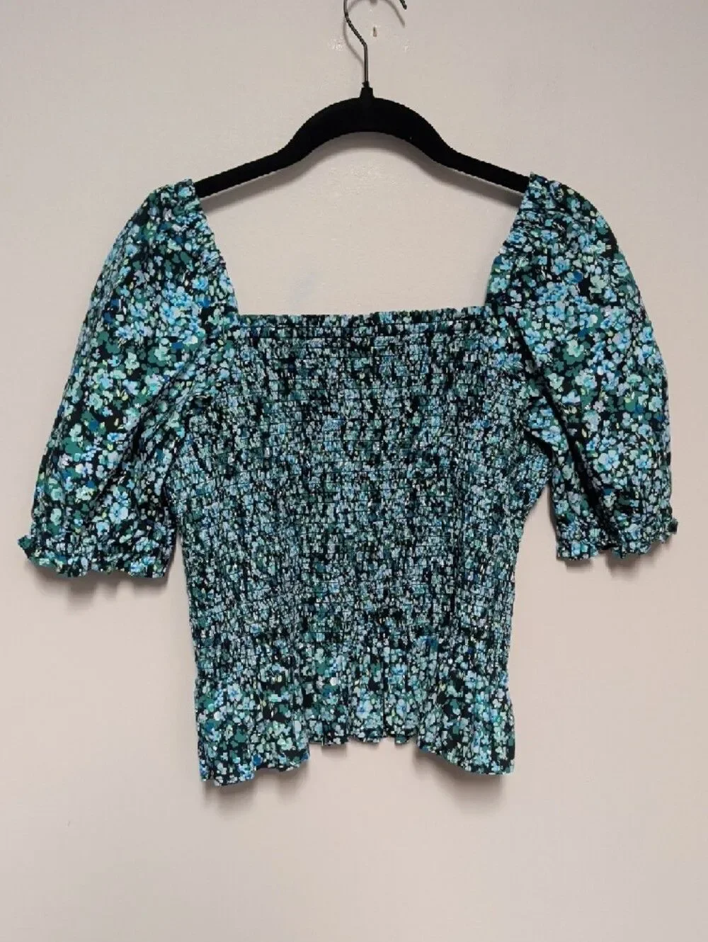 J. Crew Smocked Square-Neck Floral Top in Teal and Black